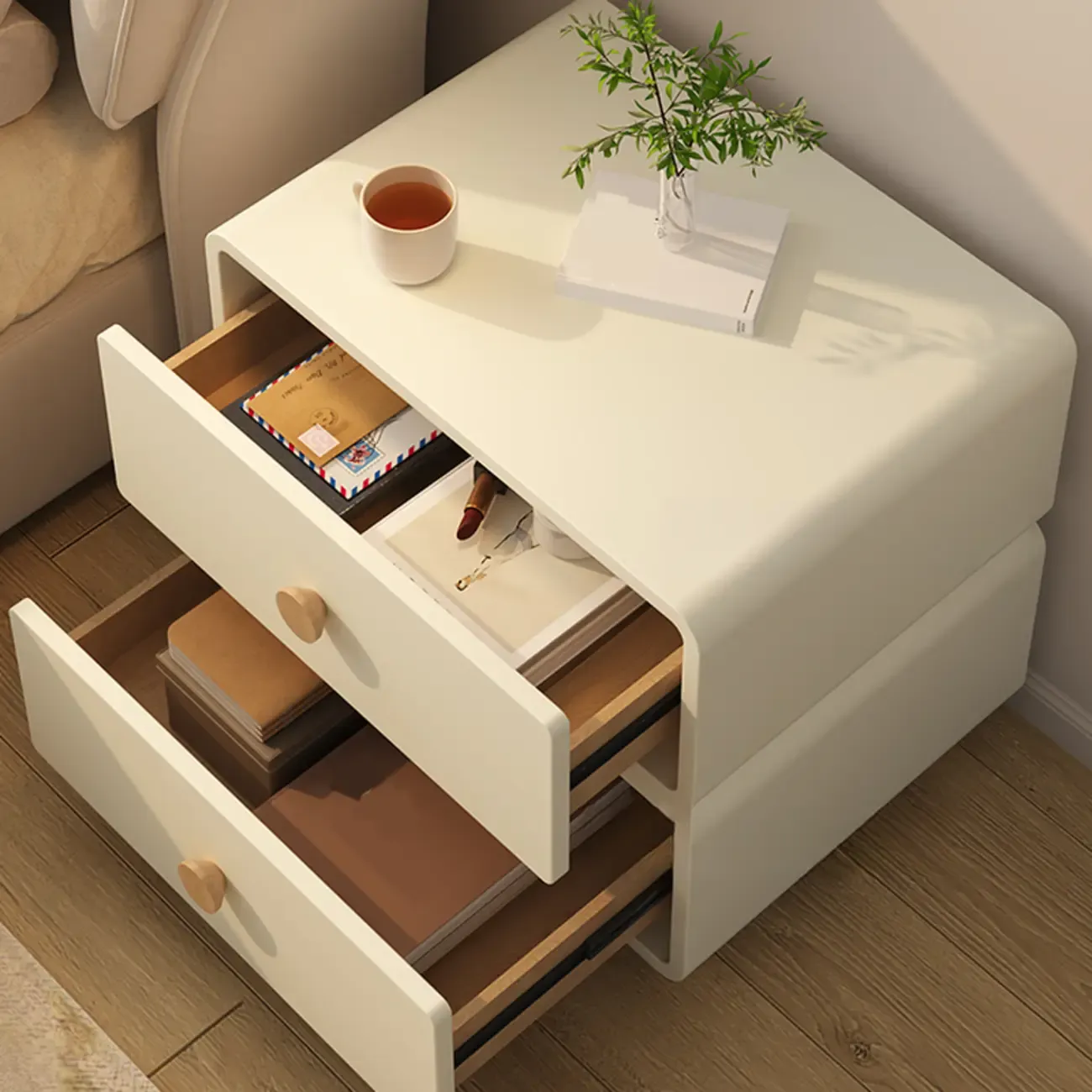Bedroom Off-White Wooden Two Drawer Nightstand Image - 2