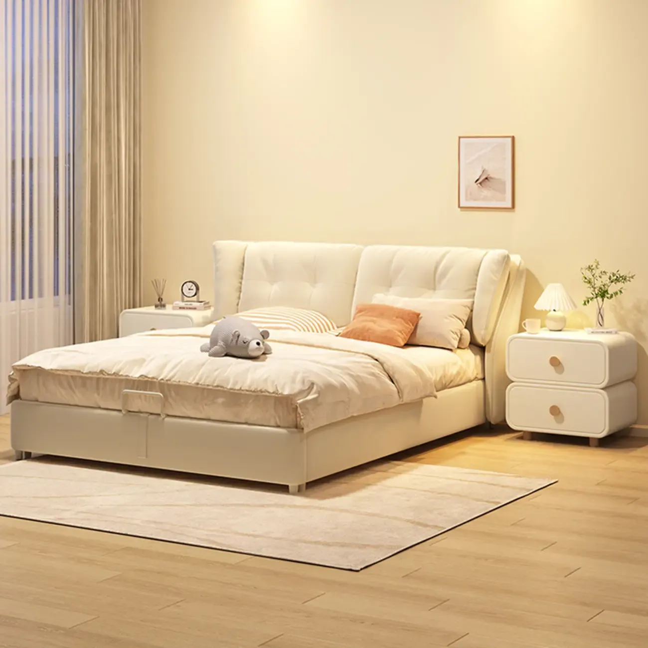 Bedroom Off-White Wooden Two Drawer Nightstand Image - 5