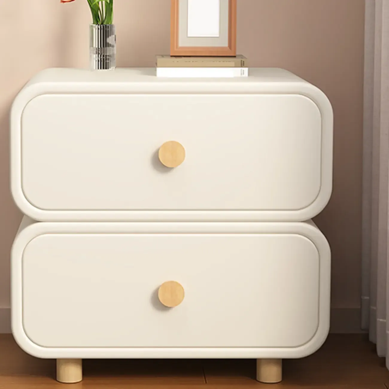 Bedroom Off-White Wooden Two Drawer Nightstand Image - 7