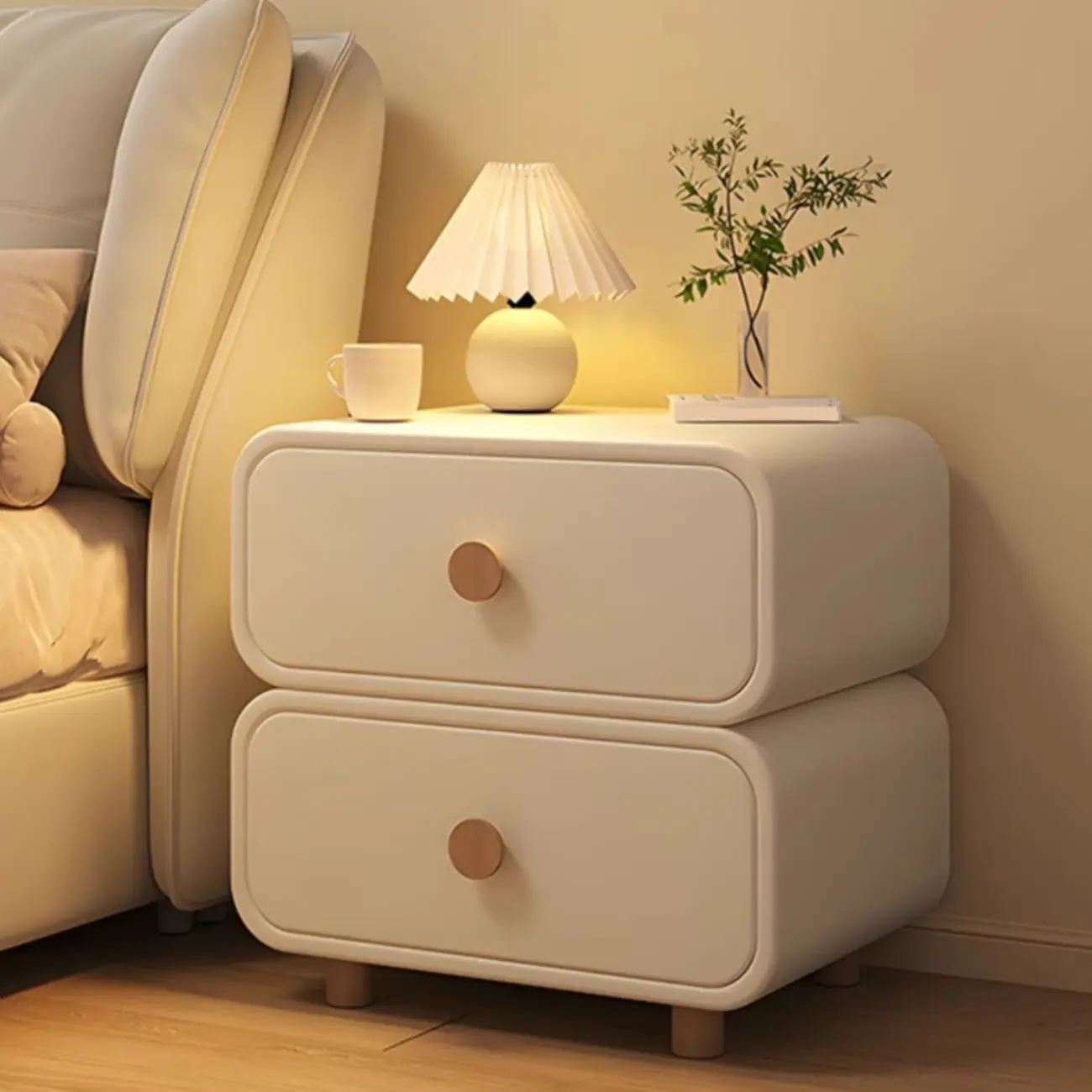 Bedroom Off-White Wooden Two Drawer Nightstand Image - 8 | homeyfad