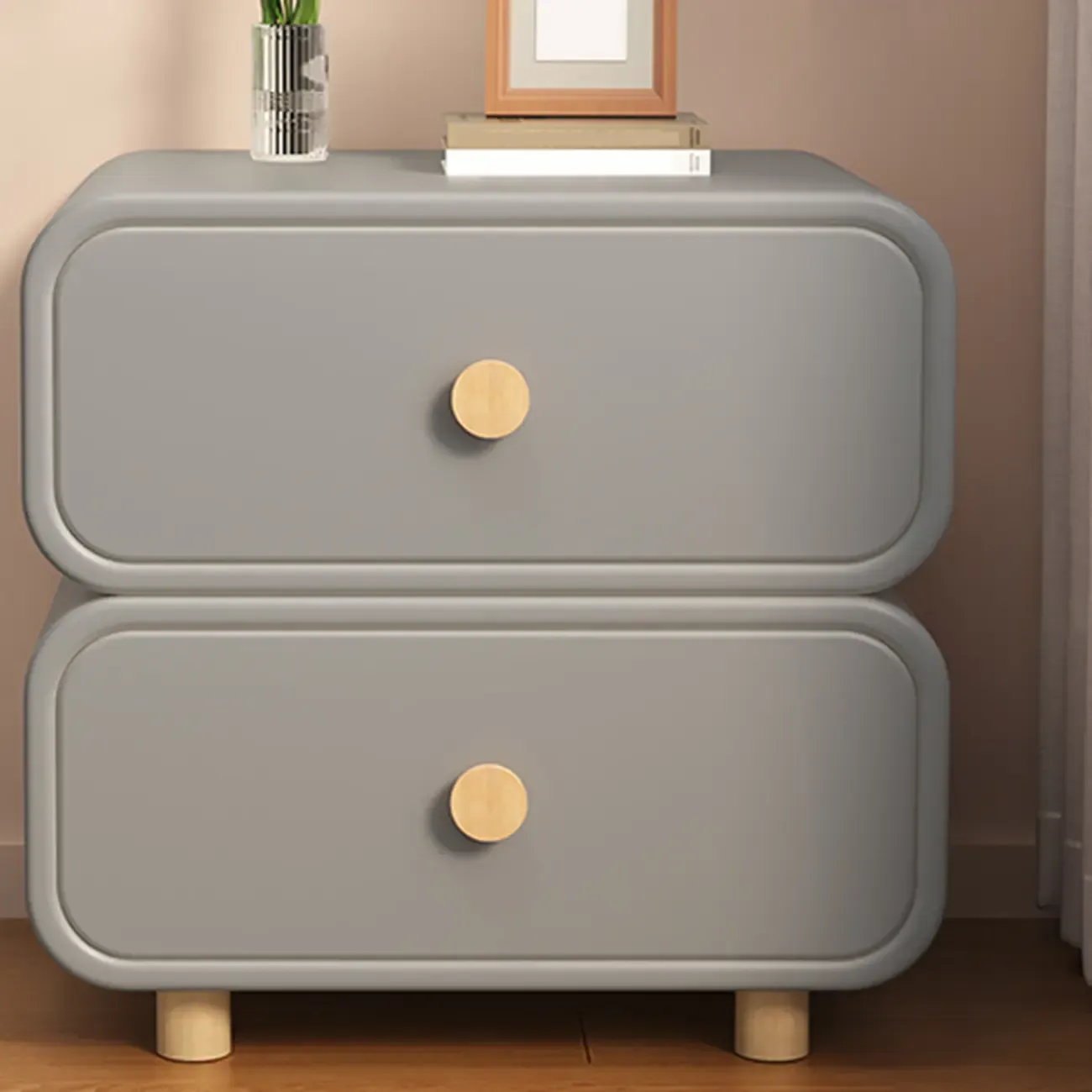 Bedroom Off-White Wooden Two Drawer Nightstand Image - 9