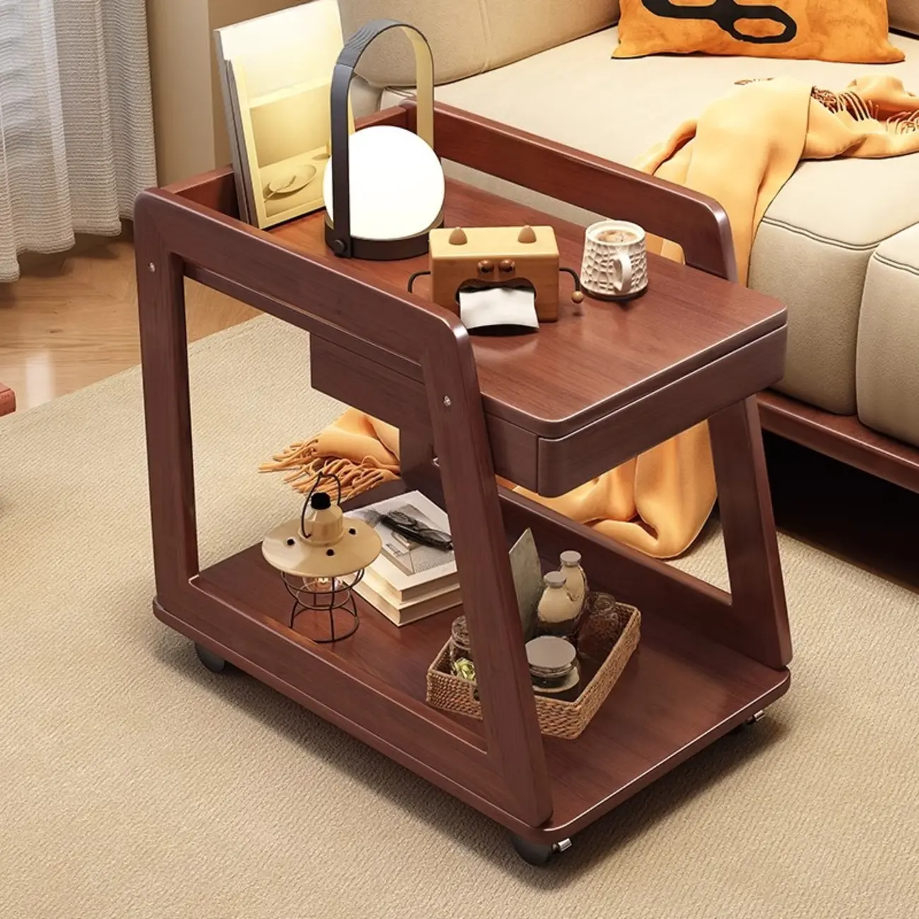 2-Tier Mobile Wooden Sofa Side Table with Storage Shelf Image - 1 | homeyfad