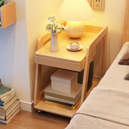 2-Tier Mobile Wooden Sofa Side Table with Storage Shelf Image - 4