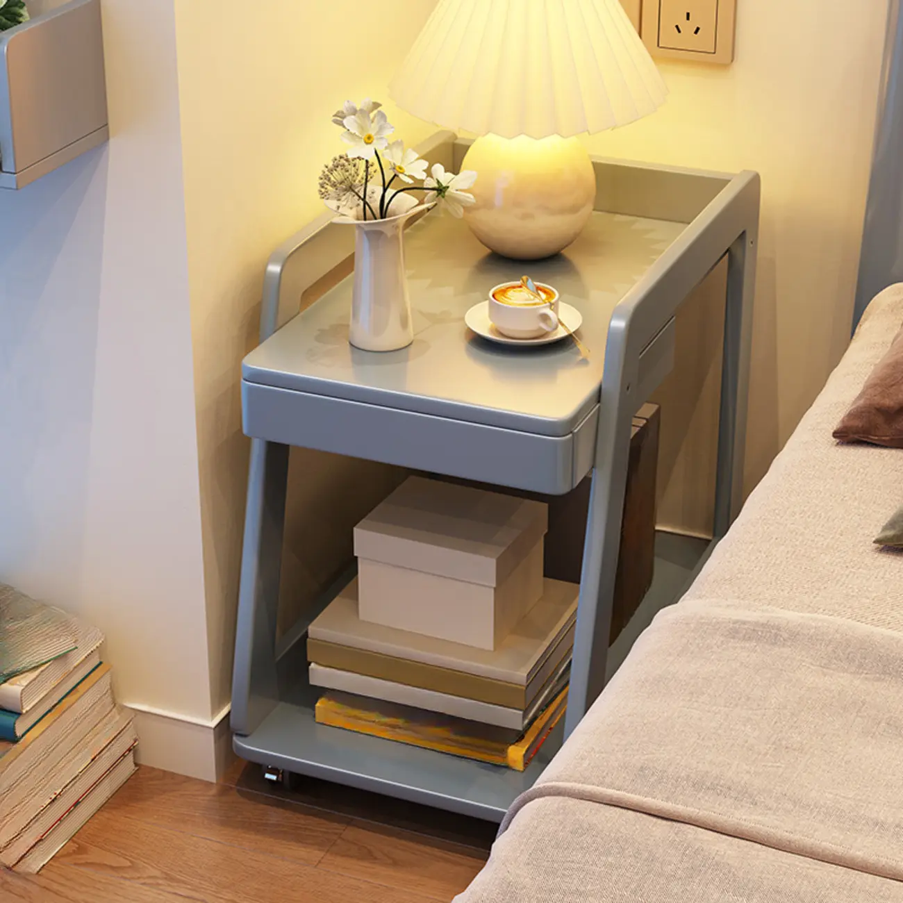 2-Tier Mobile Wooden Sofa Side Table with Storage Shelf Image - 5 | homeyfad