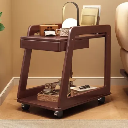 2-Tier Mobile Wooden Sofa Side Table with Storage Shelf Image - 2