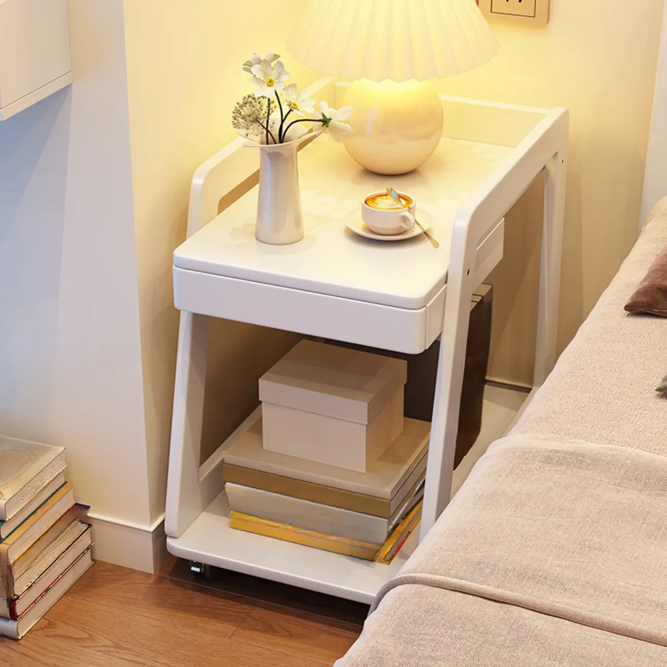 2-Tier Mobile Wooden Sofa Side Table with Storage Shelf Image - 6 | homeyfad