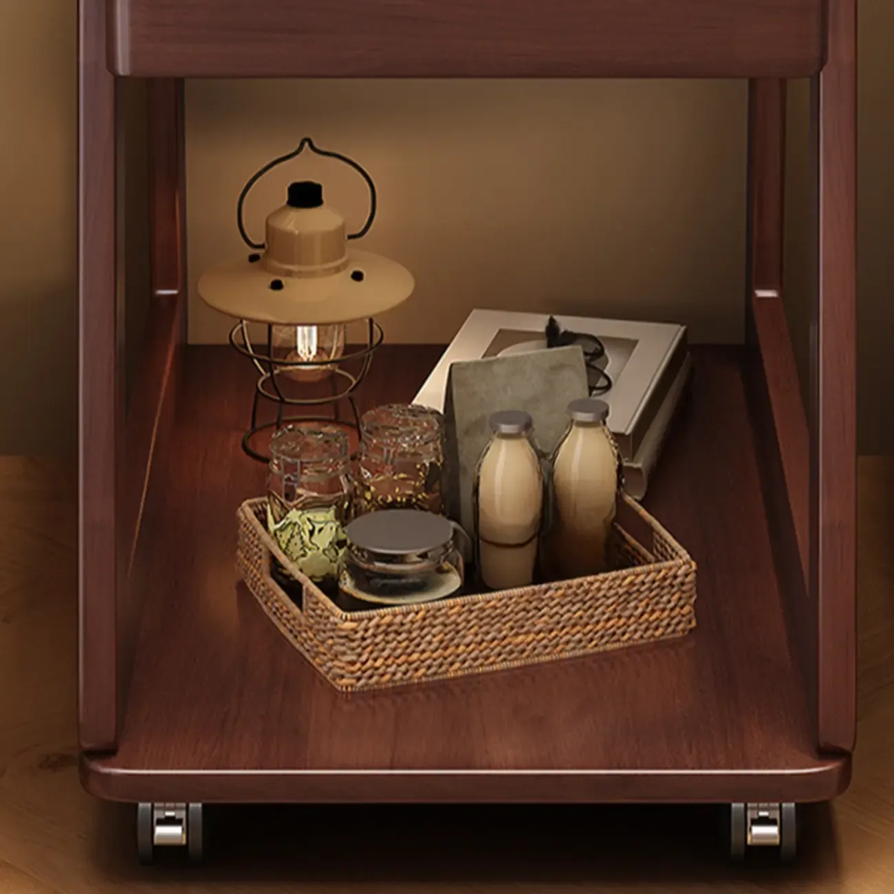 2-Tier Mobile Wooden Sofa Side Table with Storage Shelf Image - 11