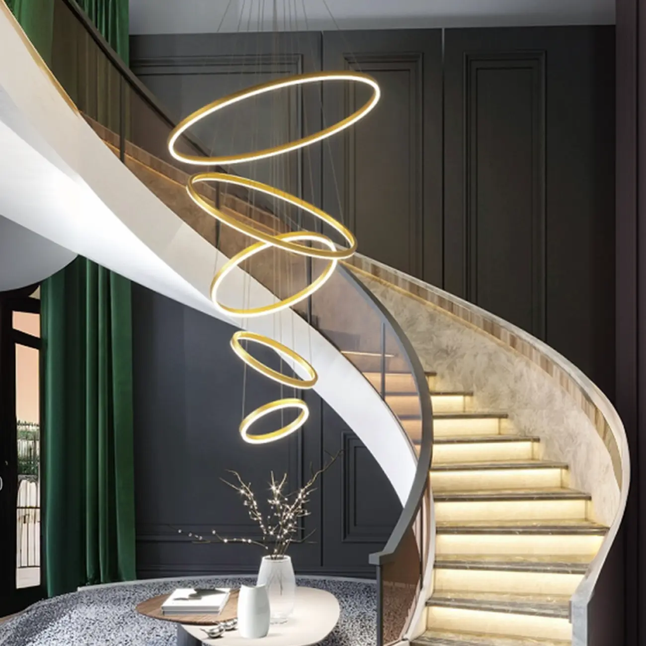 Circle Modern Tiered Remote LED Ring Chandelier for Stairway  Image - 1 | homeyfad