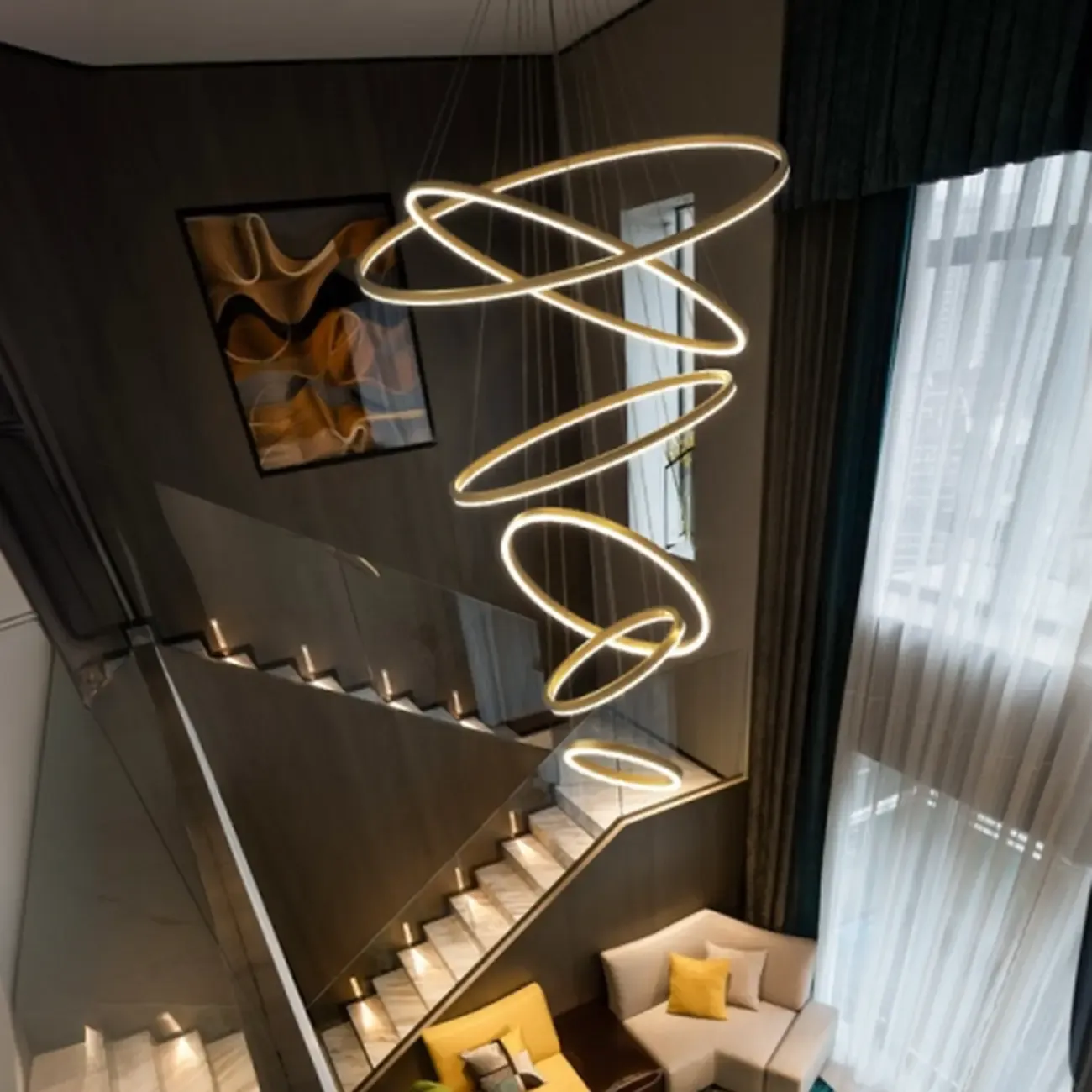 Circle Modern Tiered Remote LED Ring Chandelier for Stairway  Image - 4