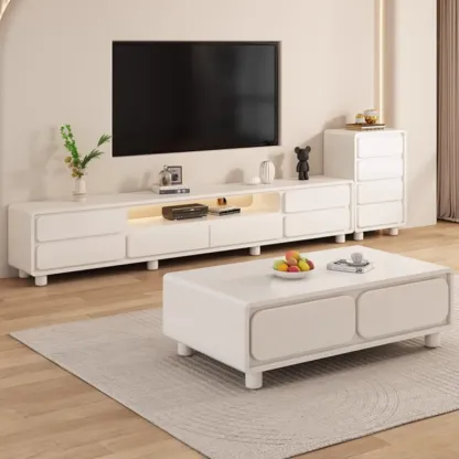 Modern White Wood TV Stand with 6 Drawers and Storage