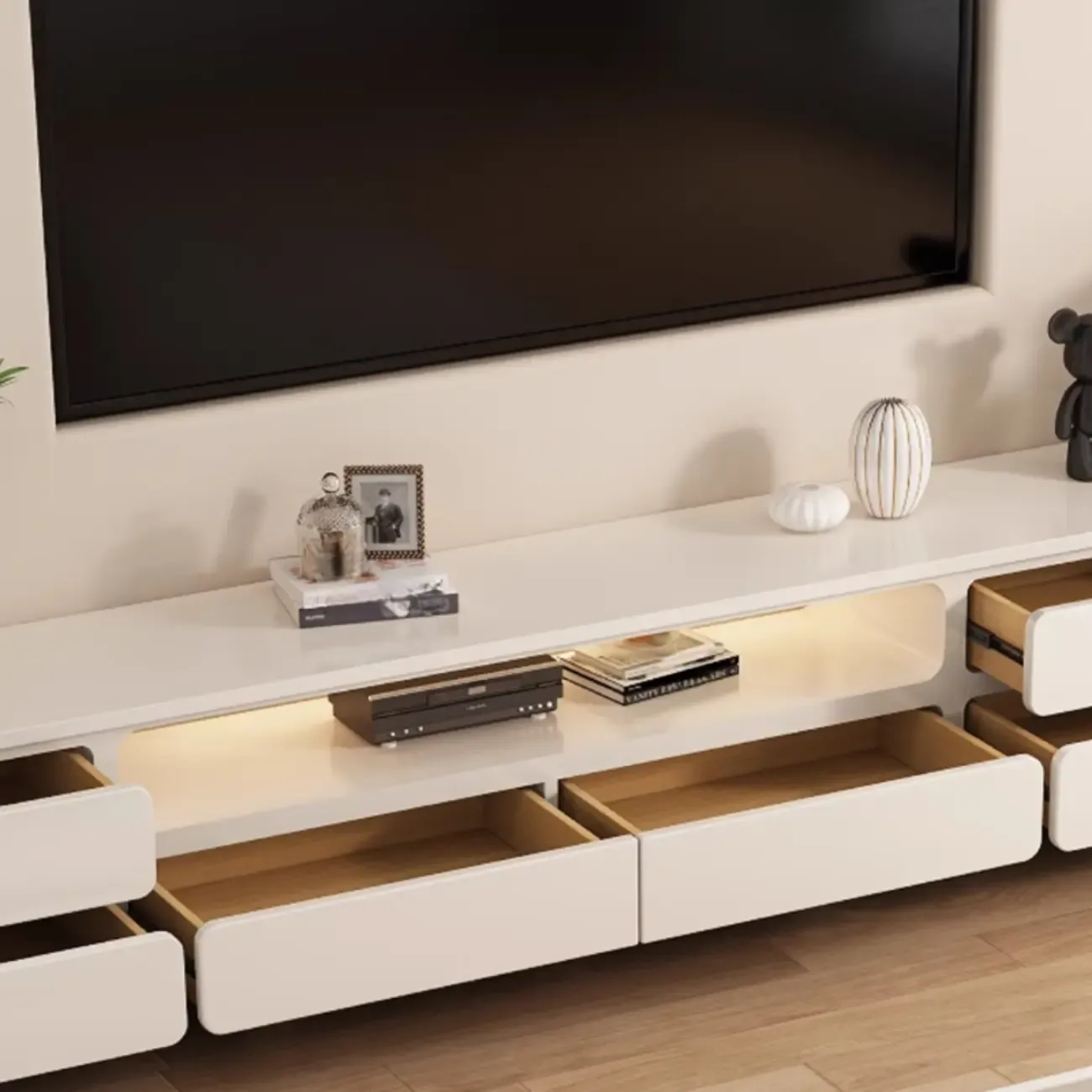 Modern White Wood TV Stand with 6 Drawers and Storage