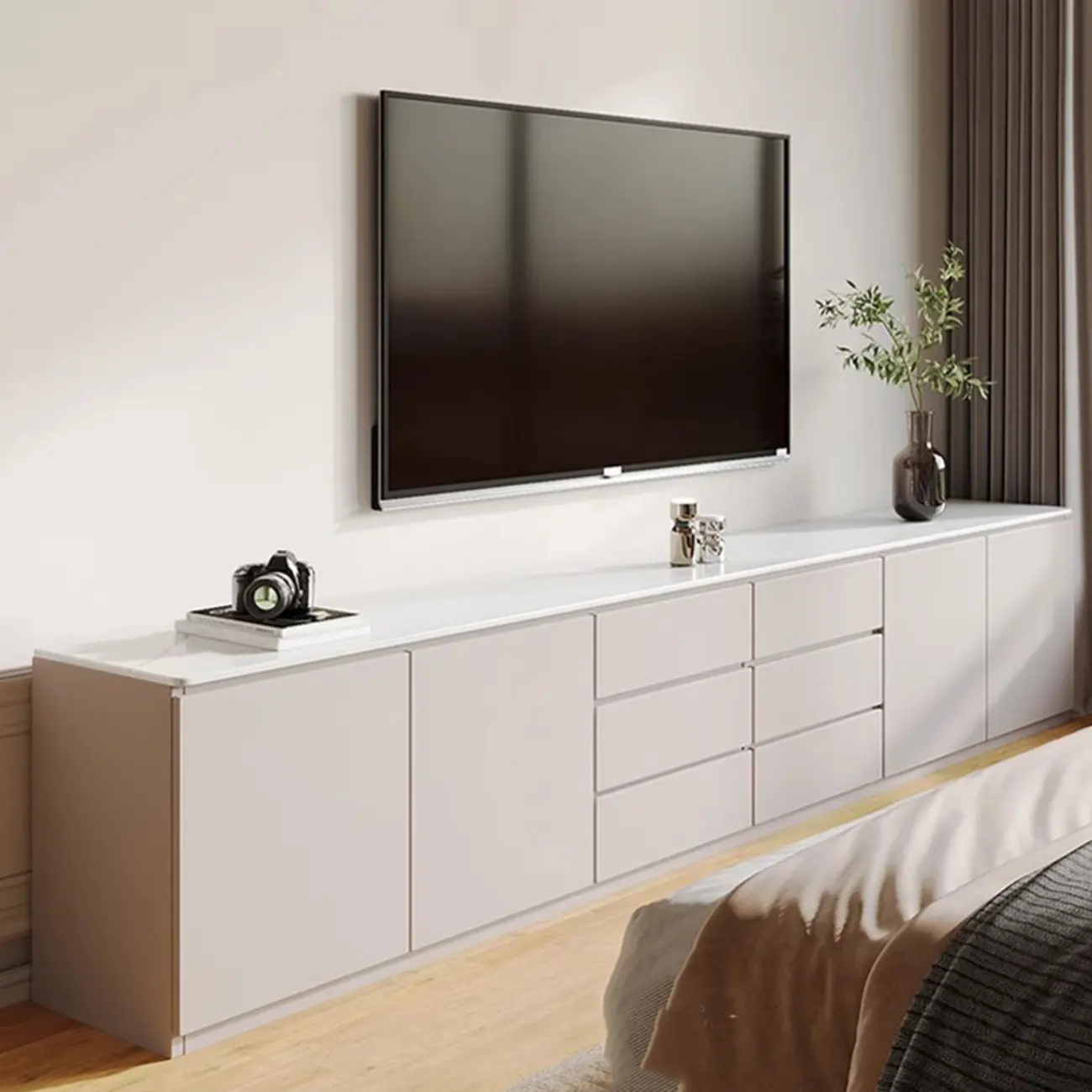 Modern Long White Wood TV Stand with Drawers Image - 7 | homeyfad
