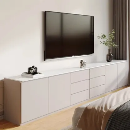 Modern Long White Wood TV Stand with Drawers Image - 1