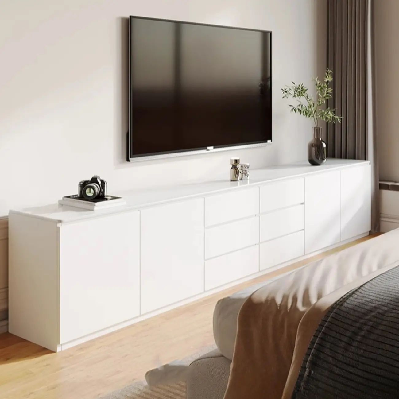 Modern Long White Wood TV Stand with Drawers Image - 2 | homeyfad