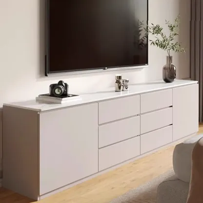 Modern Long White Wood TV Stand with Drawers Image - 3