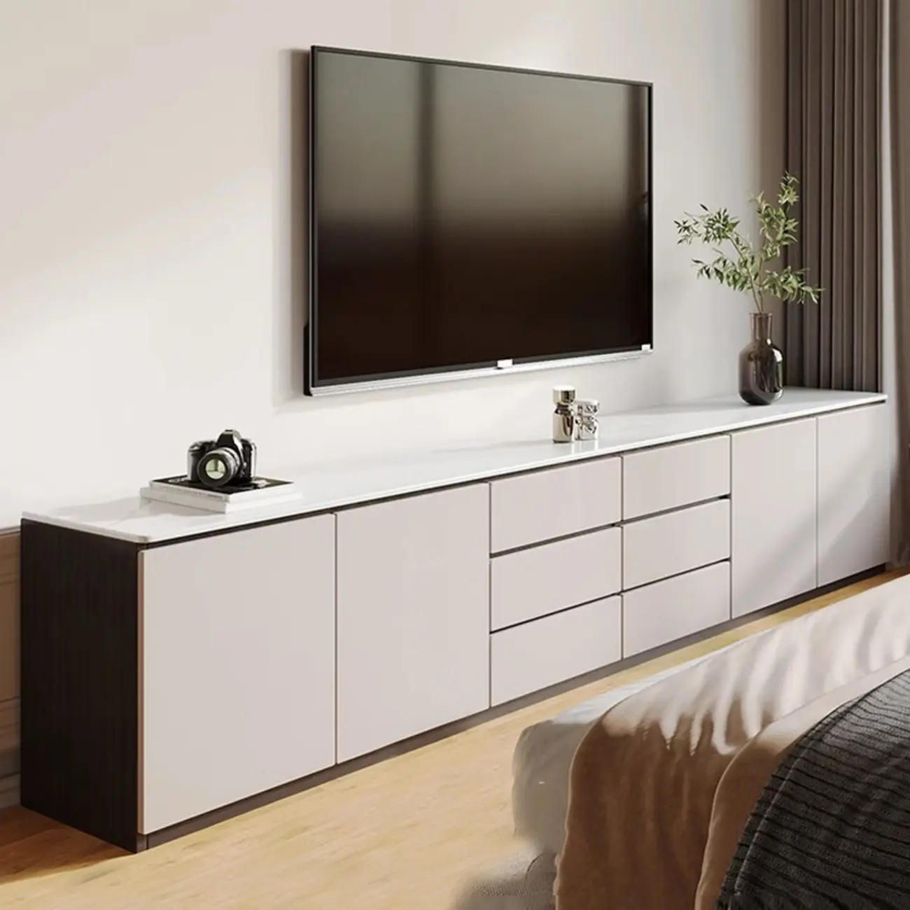 Modern Long White Wood TV Stand with Drawers Image - 4 | homeyfad