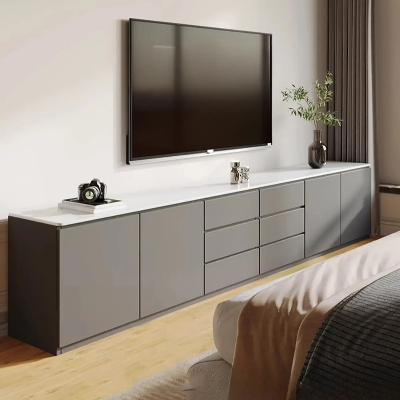 Modern Long White Wood TV Stand with Drawers Image - 11 | homeyfad