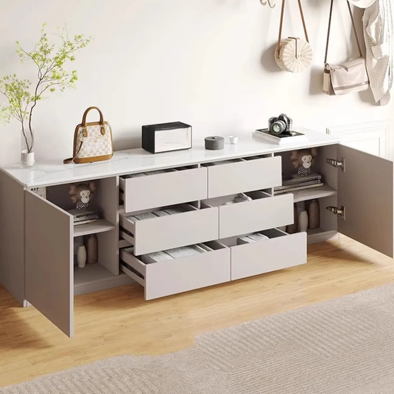 Modern Long White Wood TV Stand with Drawers Image - 6 | homeyfad