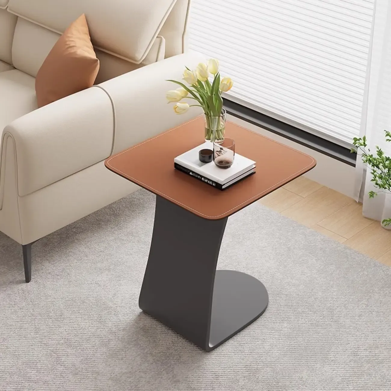 Square Leather Top C-Shape Metal Side Table Image - 1