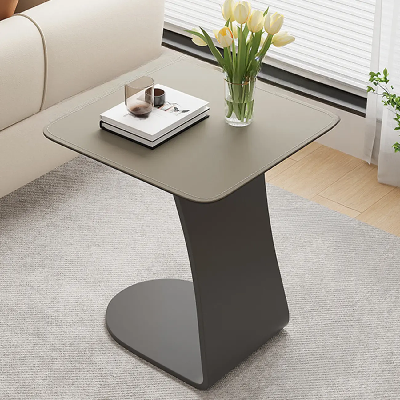 Square Leather Top C-Shape Metal Side Table Image - 2 | homeyfad