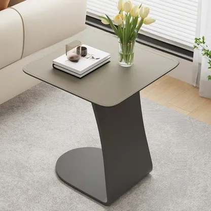 Square Leather Top C-Shape Metal Side Table Image - 2