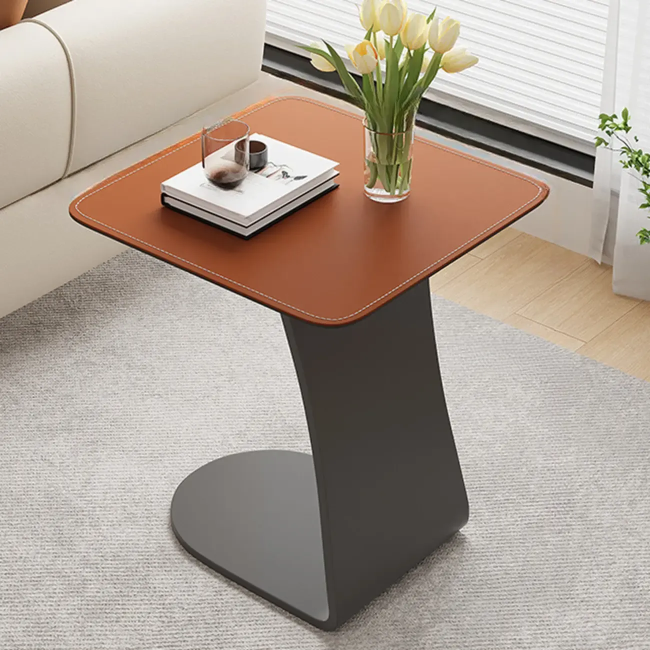 Square Leather Top C-Shape Metal Side Table Image - 3