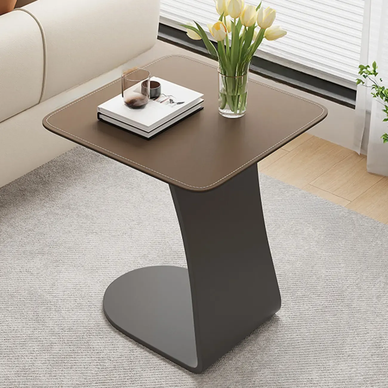 HomeyFad Square Leather Top C-Shape Metal Side Table | homeyfad