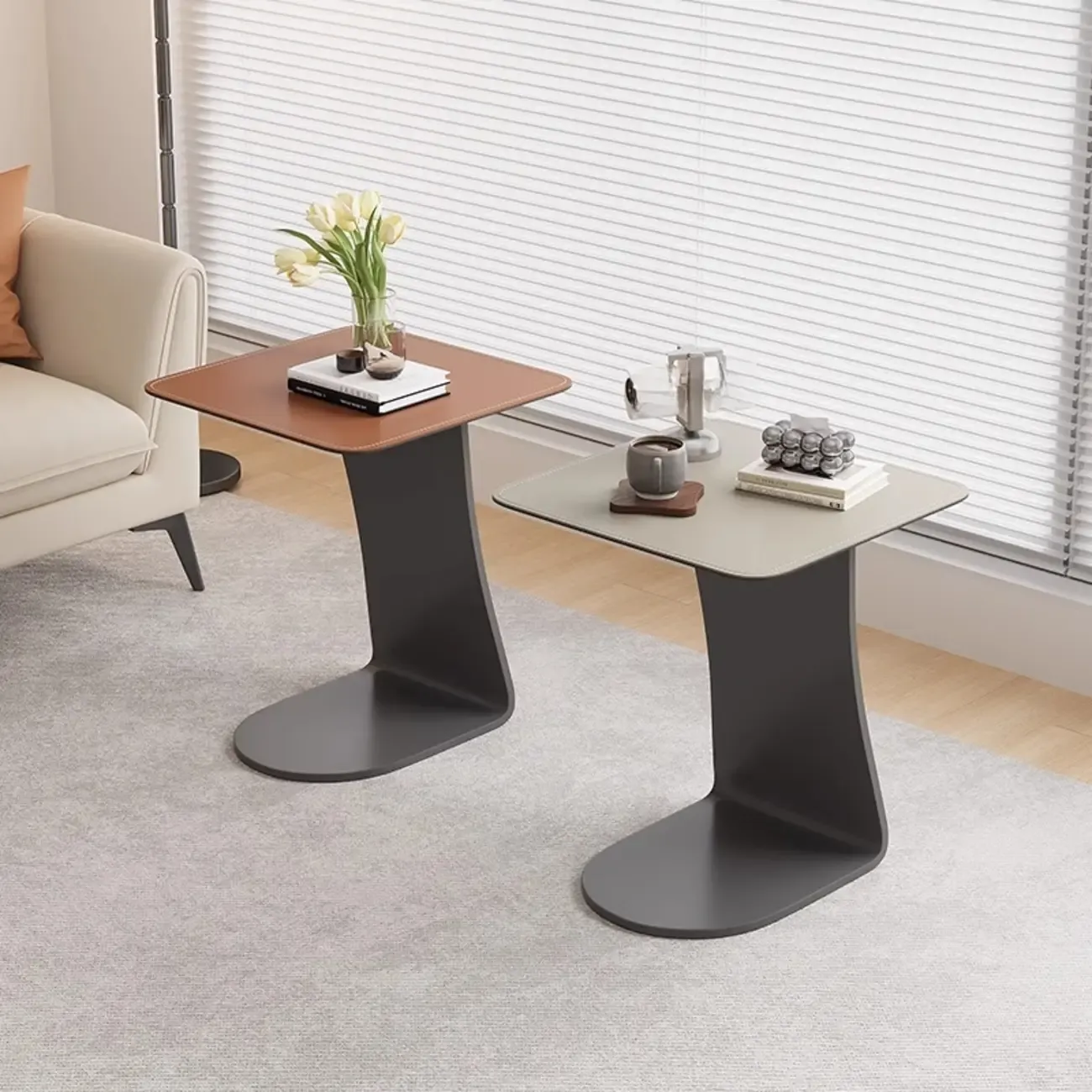 Square Leather Top C-Shape Metal Side Table Image - 6