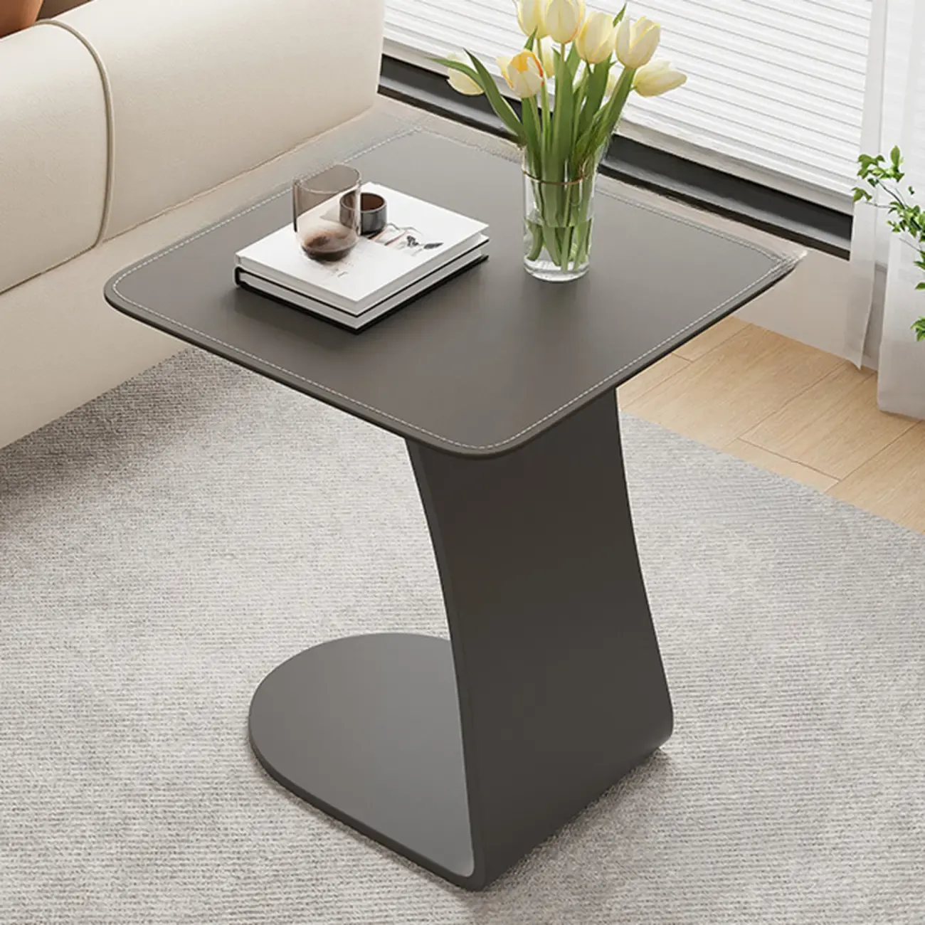 Square Leather Top C-Shape Metal Side Table Image - 7