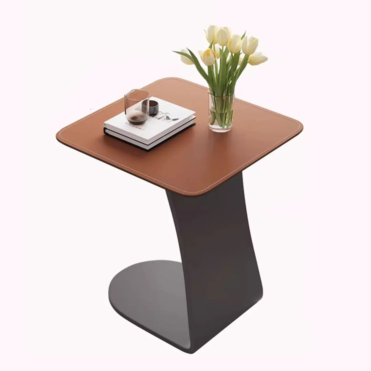 Square Leather Top C-Shape Metal Side Table Image - 8 | homeyfad