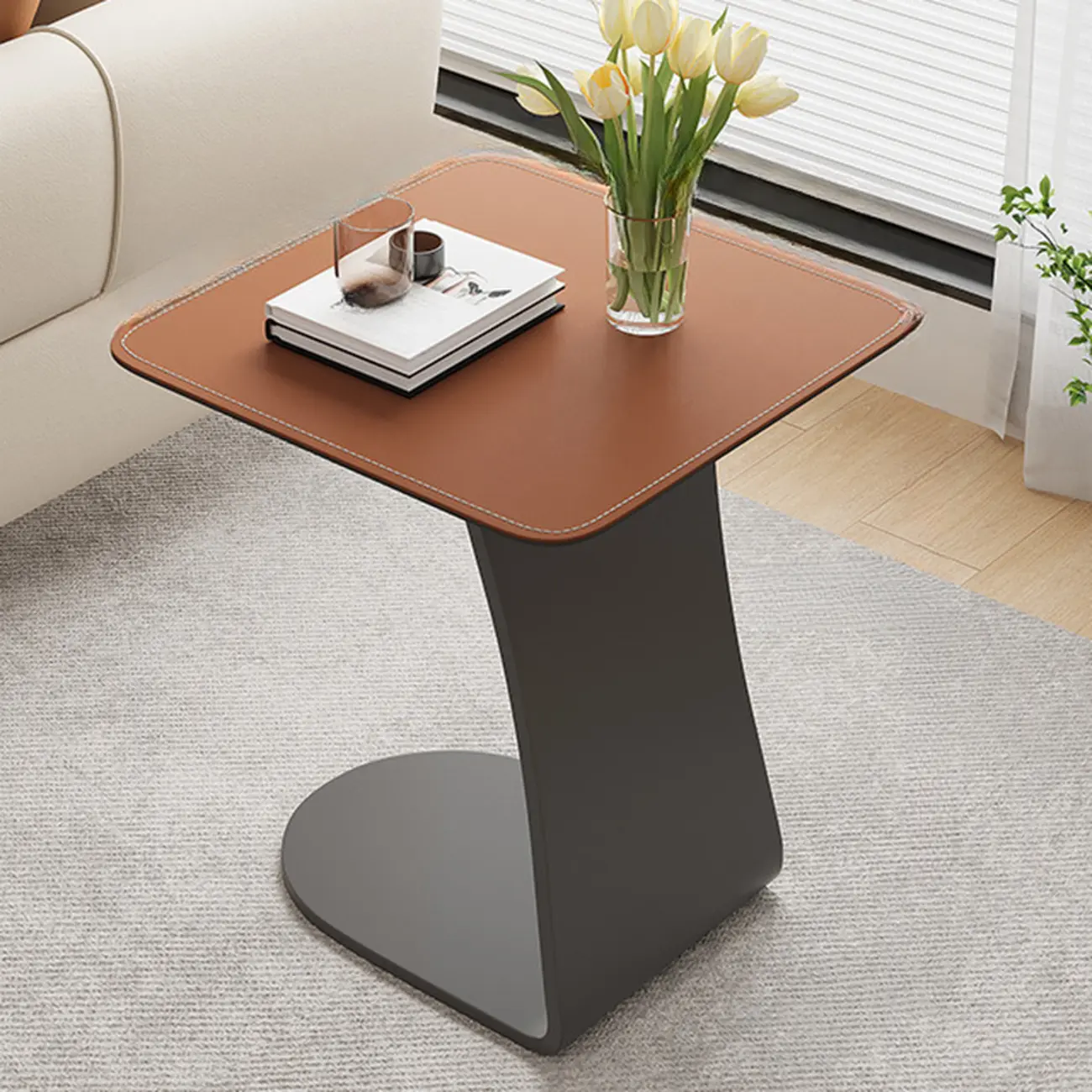 Square Leather Top C-Shape Metal Side Table Image - 9 | homeyfad