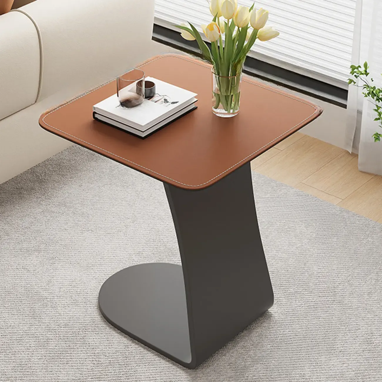 Square Leather Top C-Shape Metal Side Table Image - 9