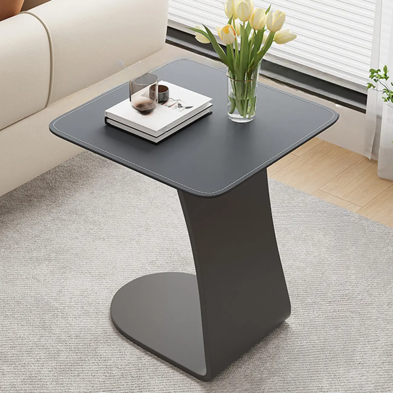 Square Leather Top C-Shape Metal Side Table Image - 11 | homeyfad