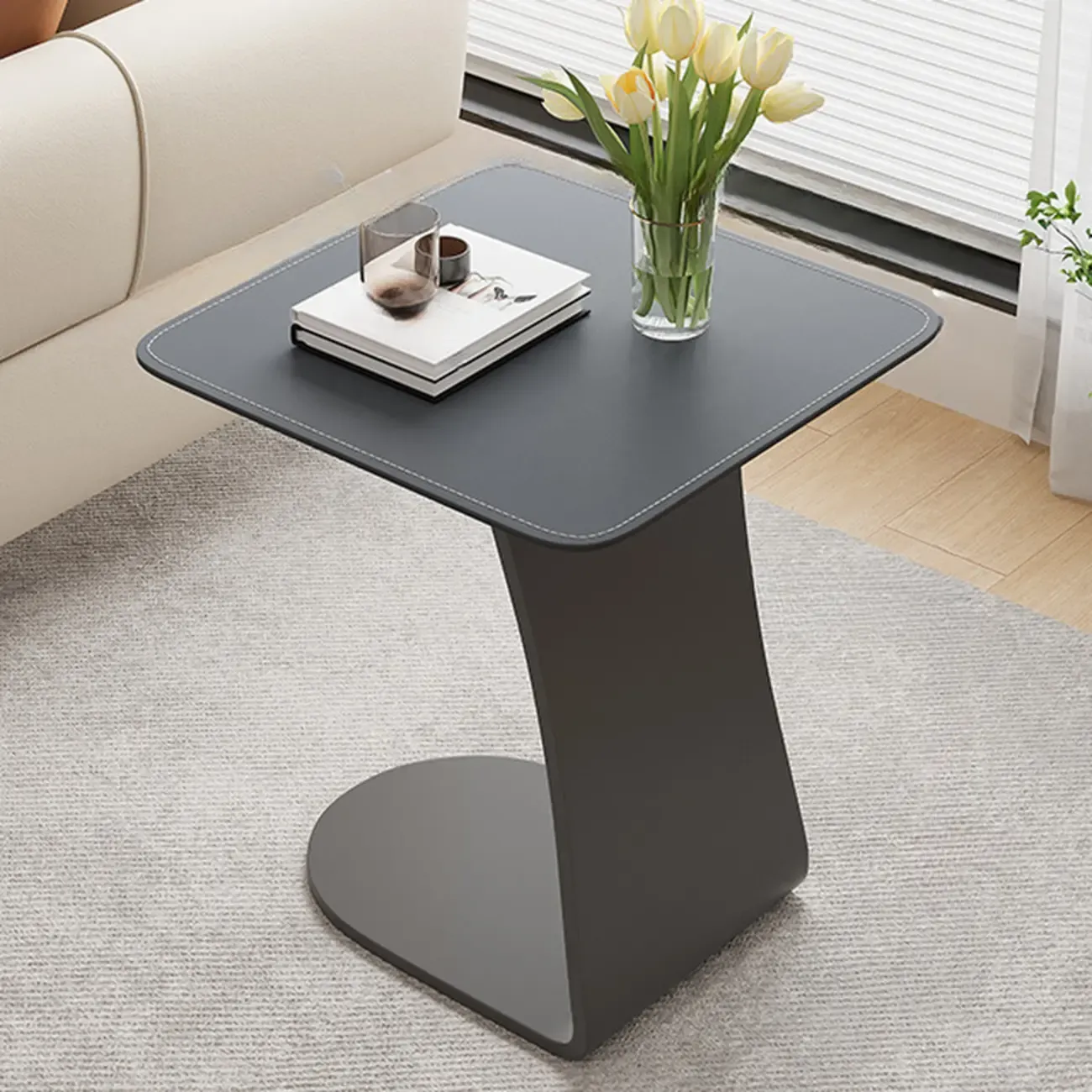 Square Leather Top C-Shape Metal Side Table Image - 11