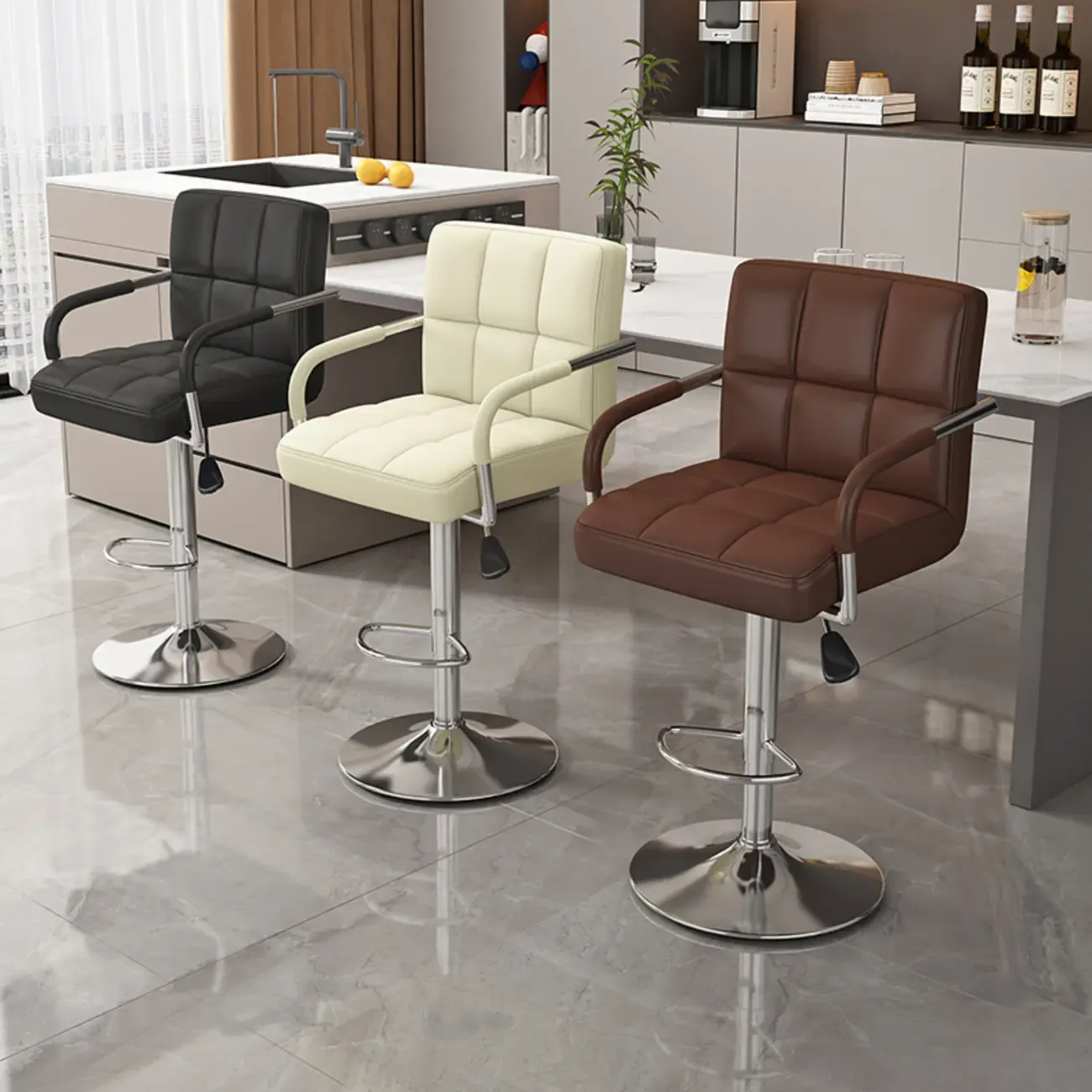 Adjustable Rectangle Leather Armrest Swivel Bar Stools Image - 1