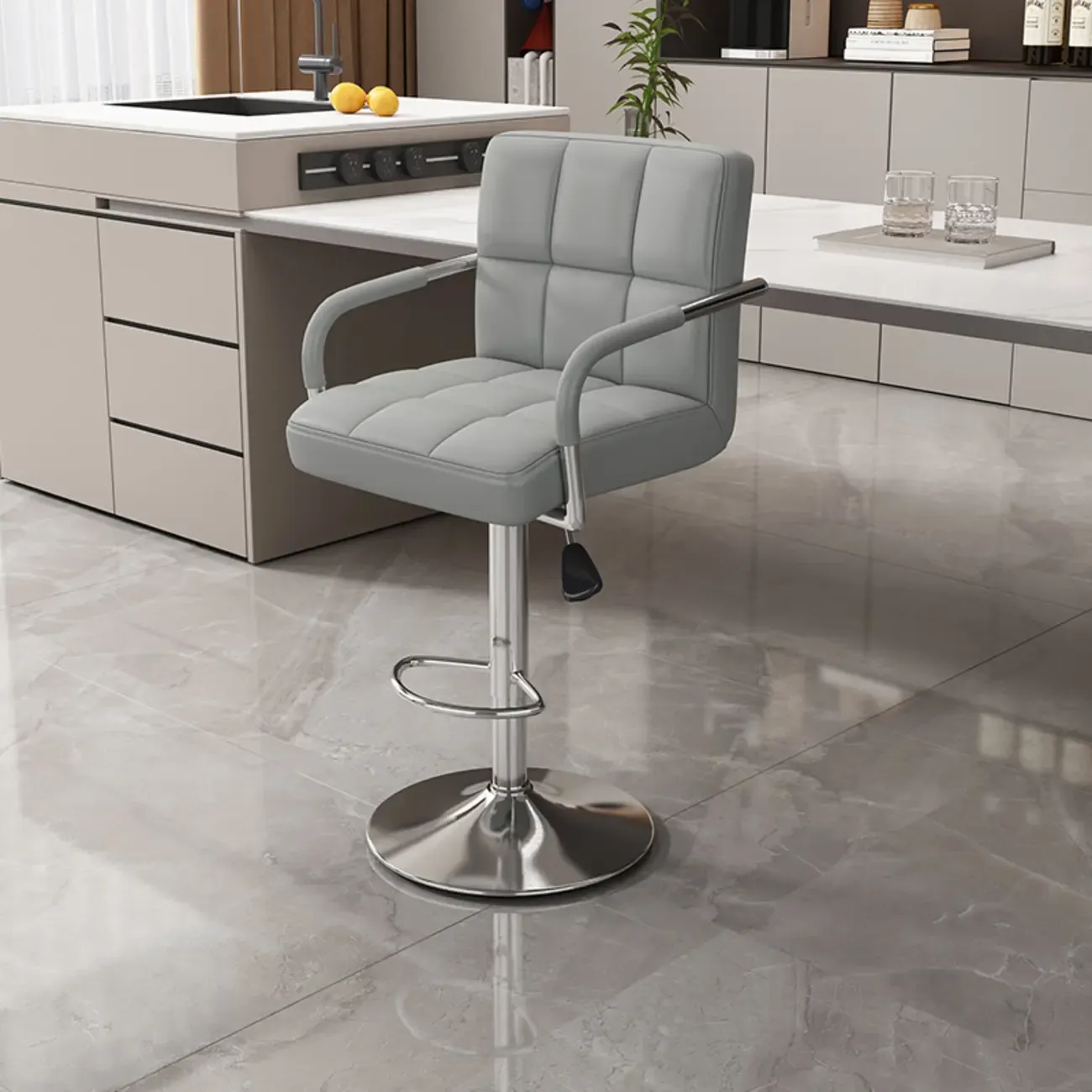 Adjustable Rectangle Leather Armrest Swivel Bar Stools Image - 6