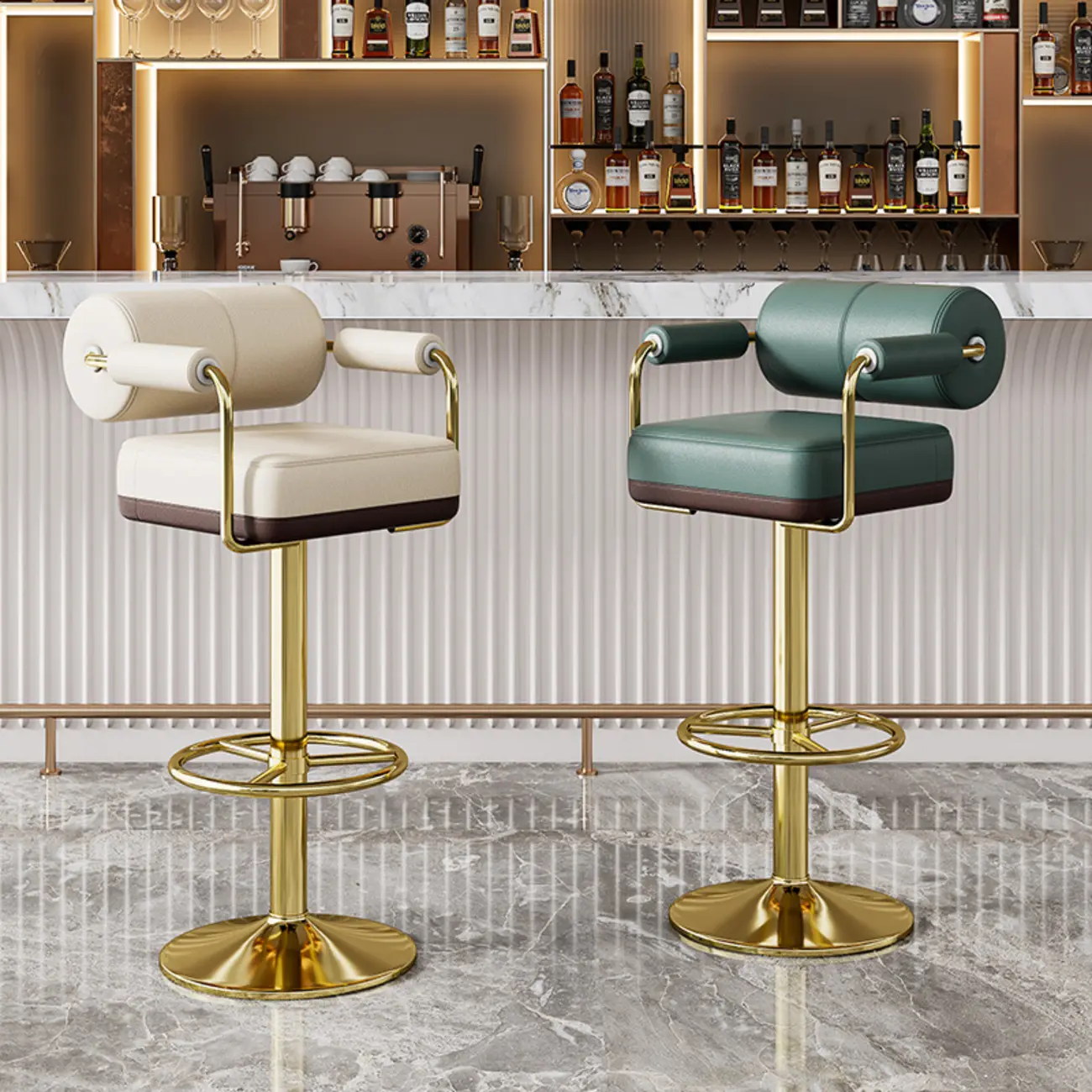 Square Adjustable Leather Gold Legs Swivel Bar Stools Image - 1 | homeyfad