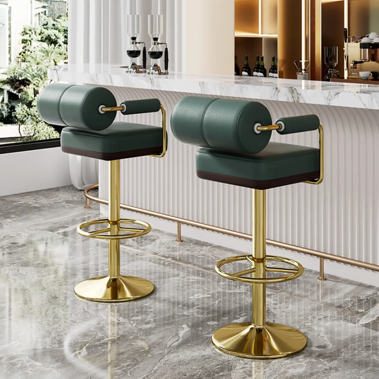 Square Adjustable Leather Gold Legs Swivel Bar Stools Image - 4
