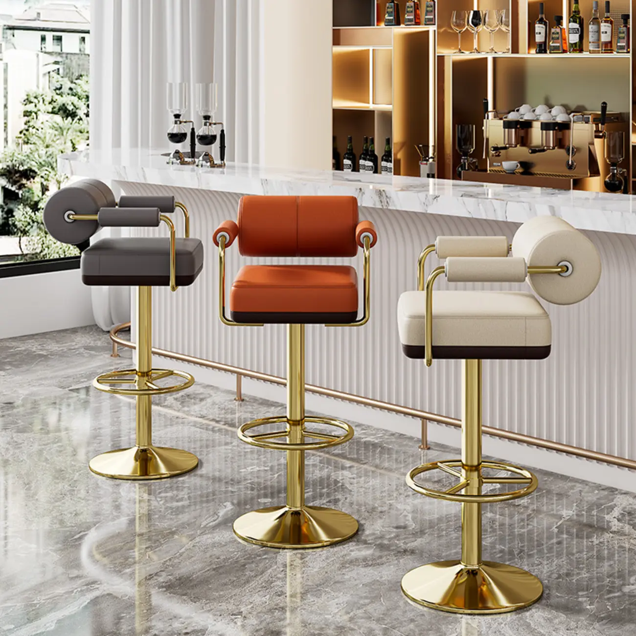 Square Adjustable Leather Gold Legs Swivel Bar Stools Image - 7 | homeyfad