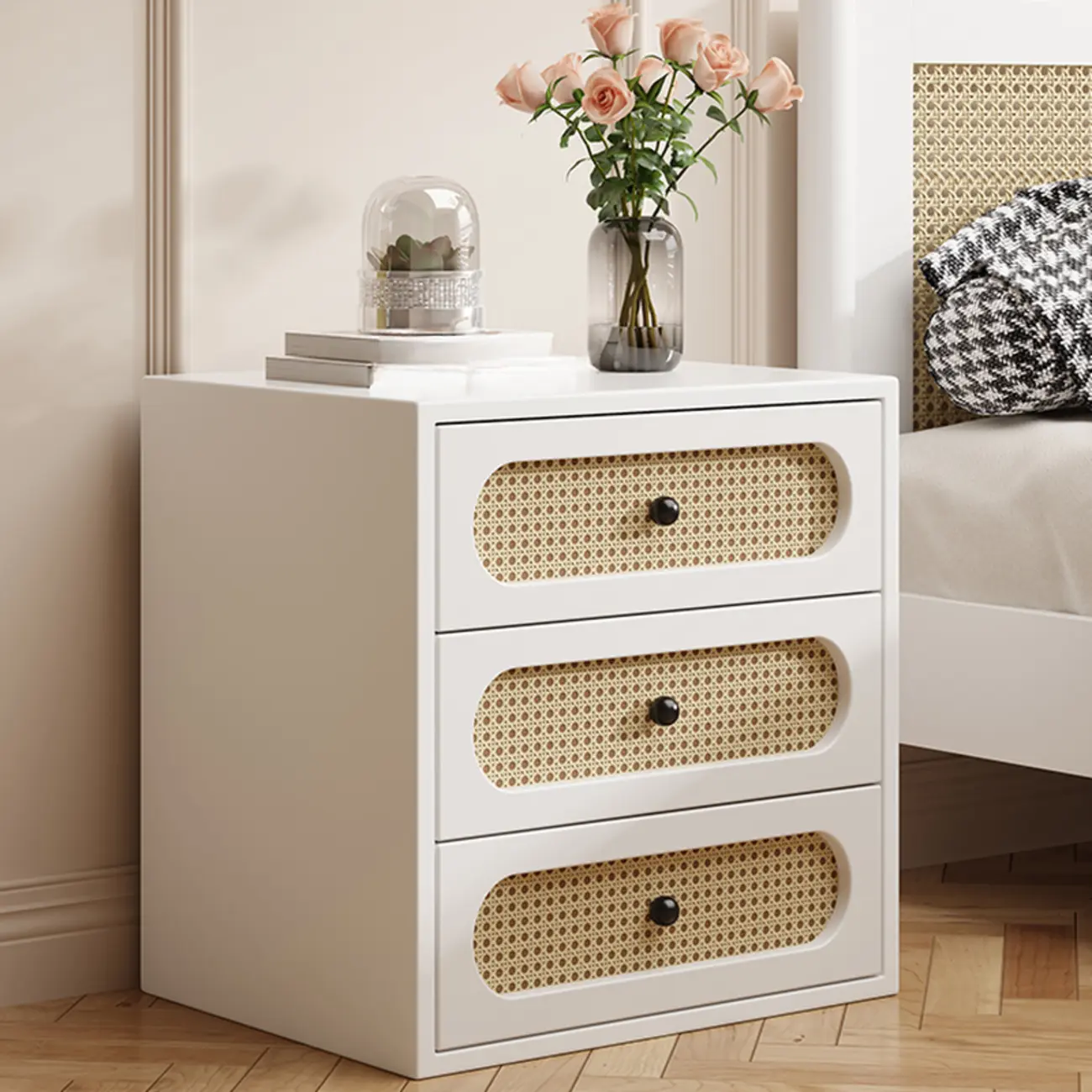 Functional White Wood Ratten 3-Drawer Narrow Nightstand Image - 1 | homeyfad