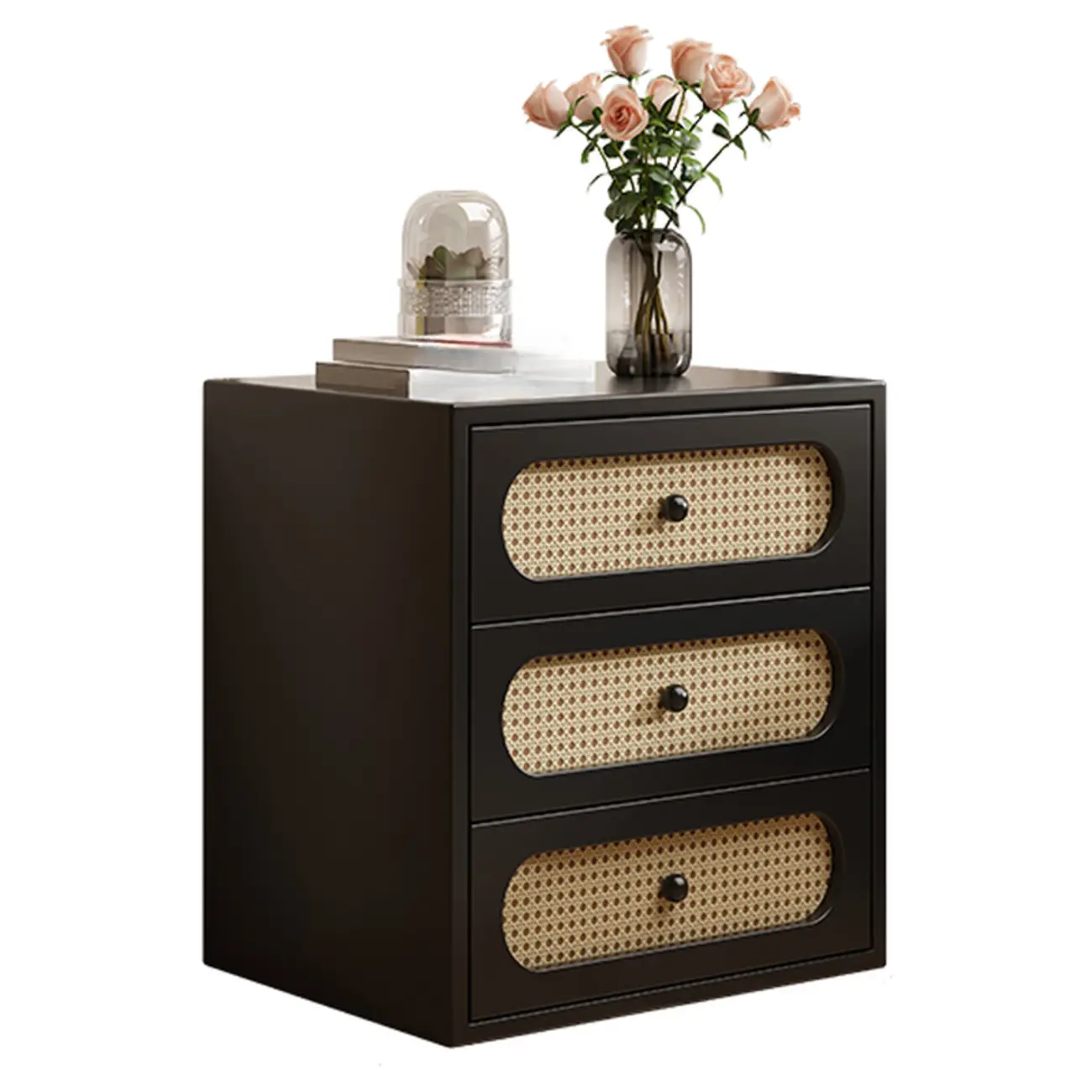 Functional White Wood Ratten 3-Drawer Narrow Nightstand Image - 8 | homeyfad