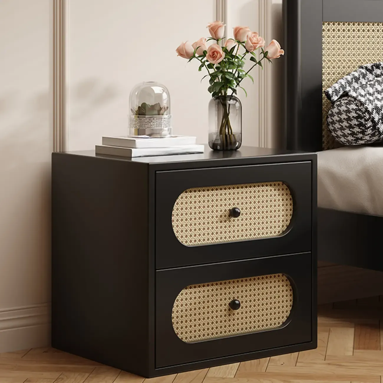 Functional White Wood Ratten 3-Drawer Narrow Nightstand Image - 3