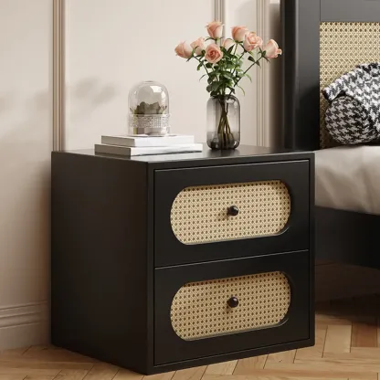 Functional White Wood Ratten 3-Drawer Narrow Nightstand Image - 3