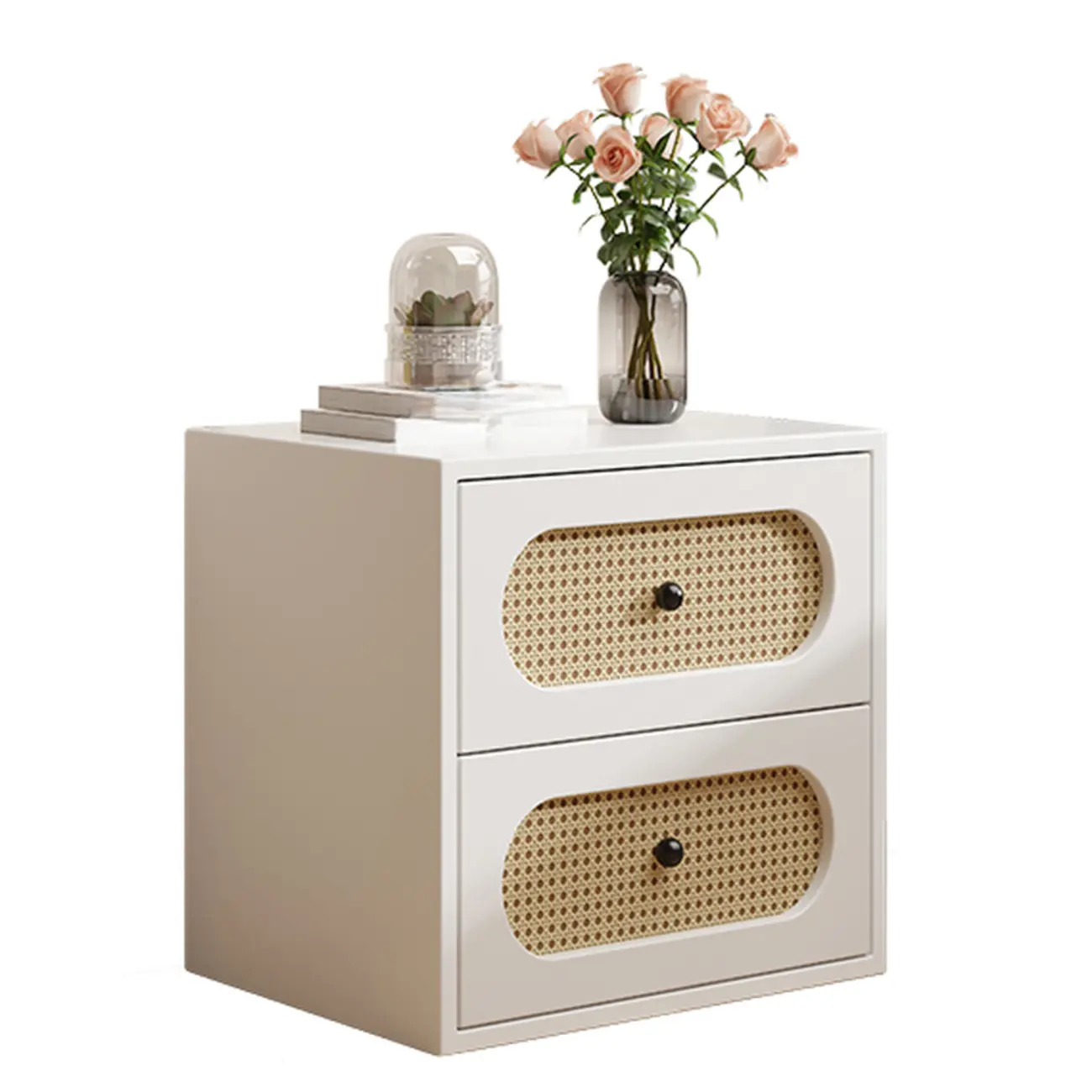 Functional White Wood Ratten 3-Drawer Narrow Nightstand Image - 9 | homeyfad