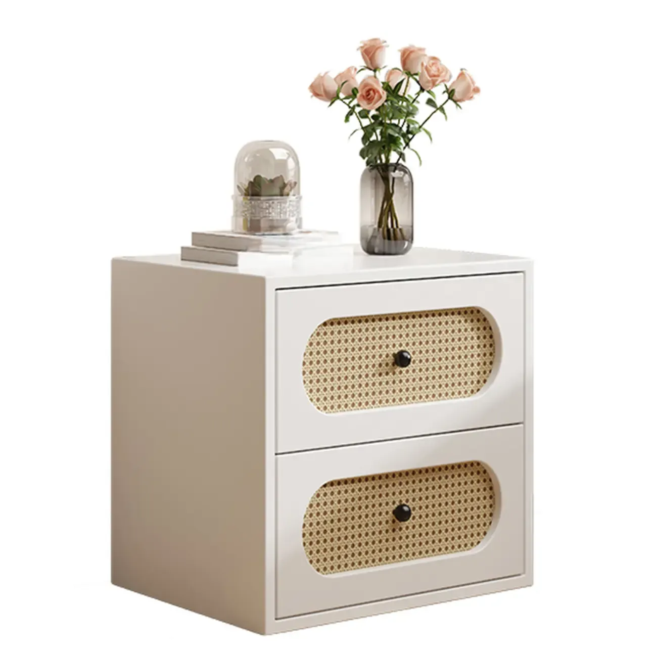 Functional White Wood Ratten 3-Drawer Narrow Nightstand Image - 9
