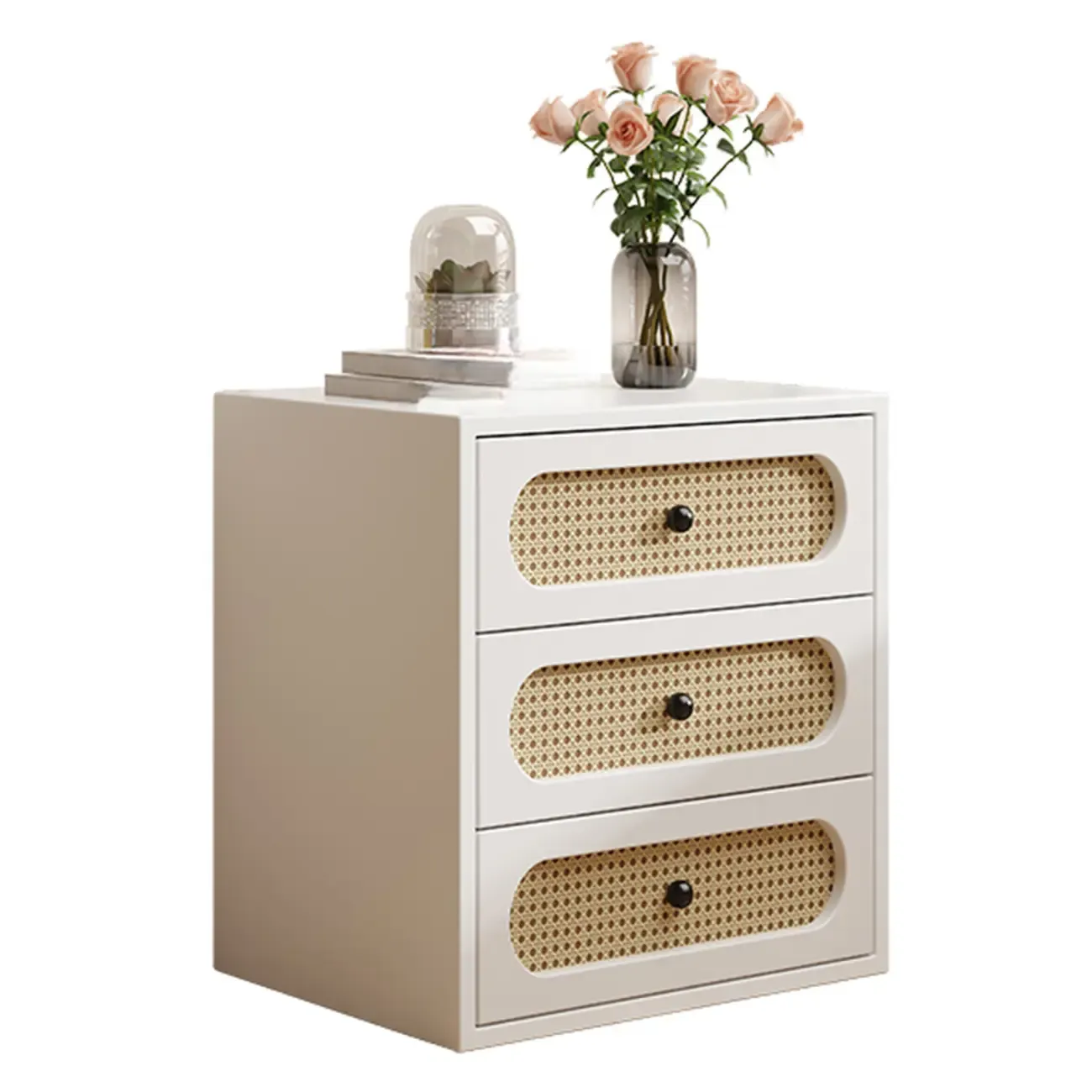 Functional White Wood Ratten 3-Drawer Narrow Nightstand Image - 11