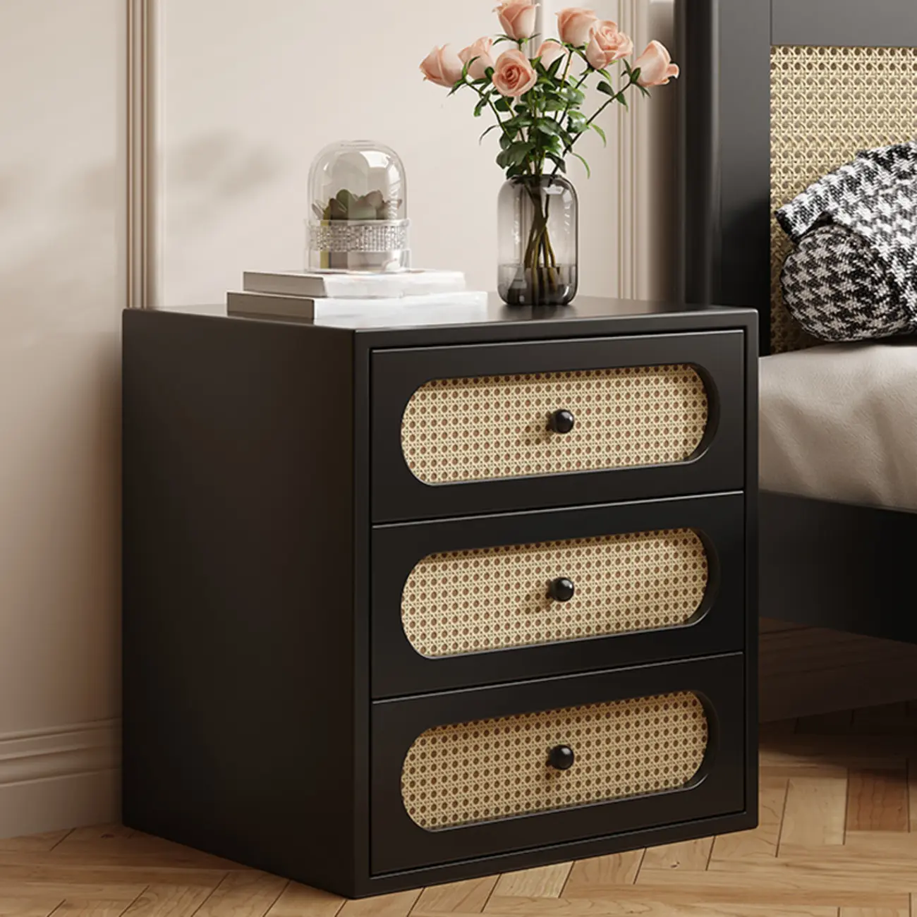 Functional White Wood Ratten 3-Drawer Narrow Nightstand Image - 2 | homeyfad