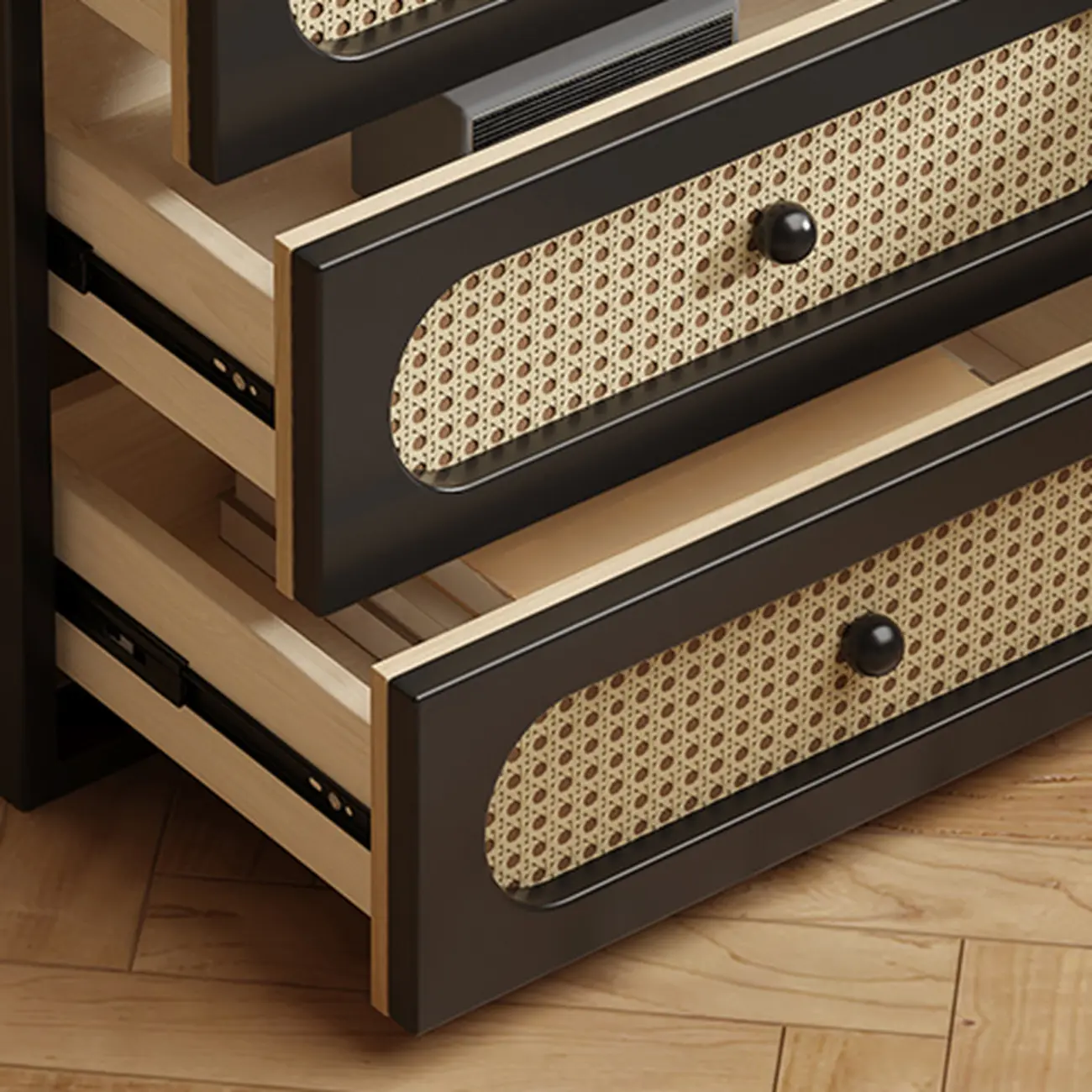 Functional White Wood Ratten 3-Drawer Narrow Nightstand Image - 4 | homeyfad