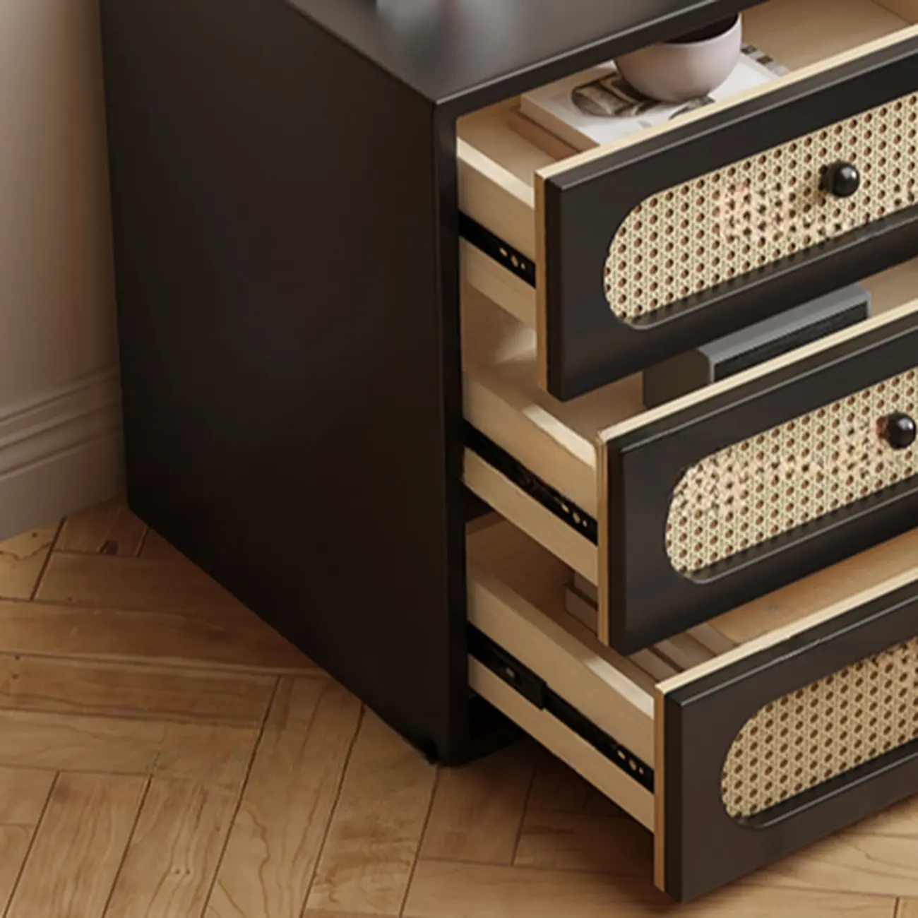 Functional White Wood Ratten 3-Drawer Narrow Nightstand Image - 5 | homeyfad