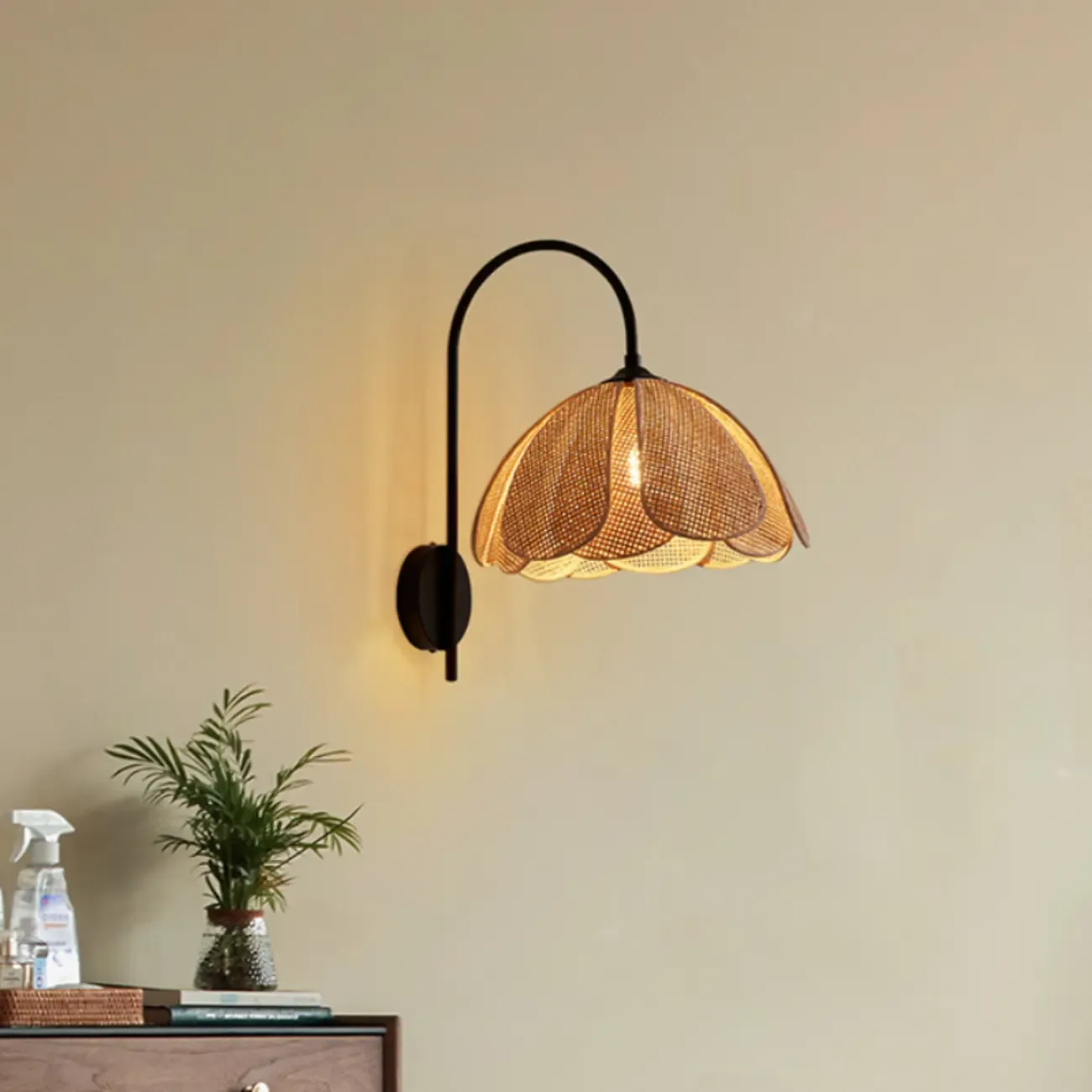 Indoor Modern Wood Rattan Gooseneck Wall Sconce Lamp  Image - 4